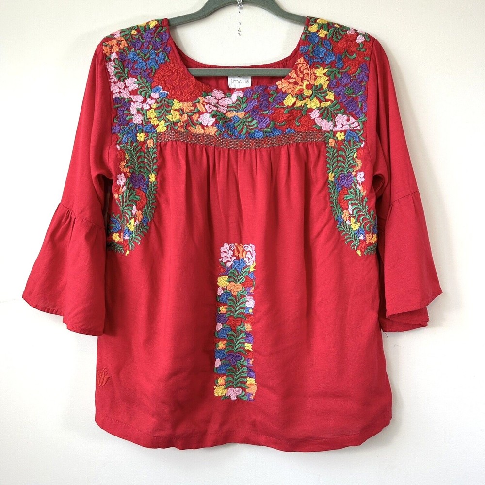 J.Marie Floral Embroidered Linen Blend Boho Blouse XS Lined Flounce Arm Oaxaca
